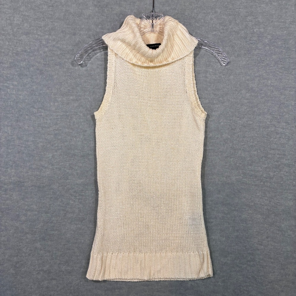 Ralph Lauren Cream Linen Blend Sleeveless Turtleneck Sweater Italian Yarn Small